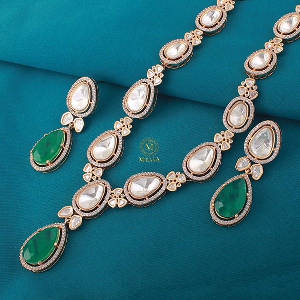 Santiri Emerald Green Polki Long Necklace Set