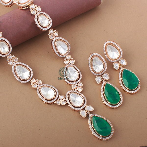 Santiri Emerald Green Polki Long Necklace Set