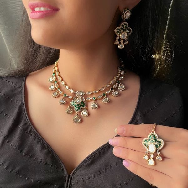 Kashmira Emerald Green Polki Necklace Set