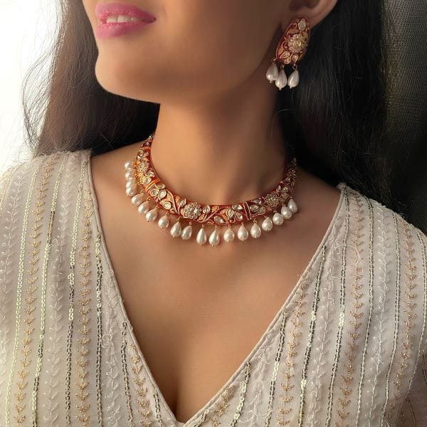 Kaanti Red Meenakari Husli Necklace Set