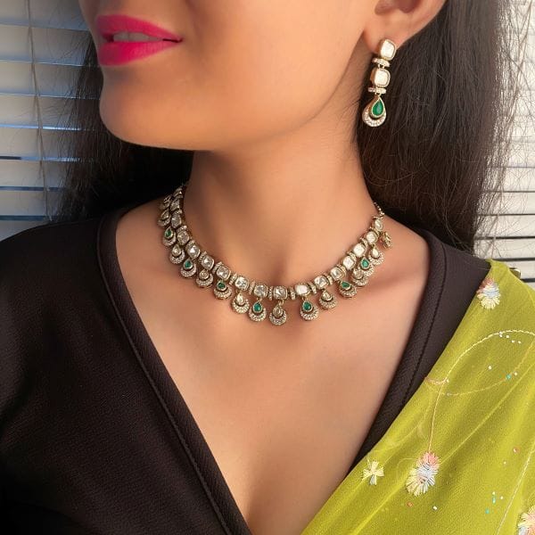 Heena Emerald Green Polki Necklace Set