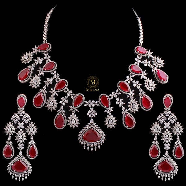 Divoya Ruby Colored Drop Designer Necklace set