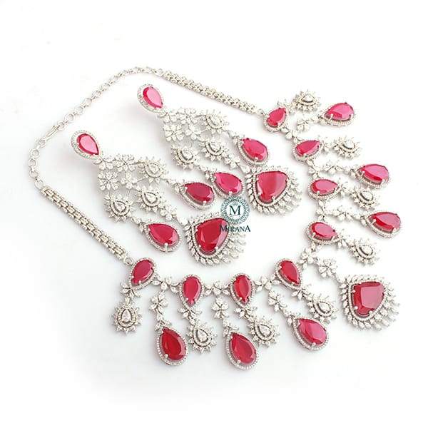 Divoya Ruby Colored Drop Designer Necklace set