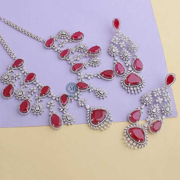 Divoya Ruby Colored Drop Designer Necklace set