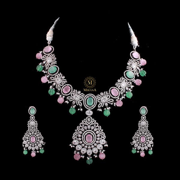 Kimona Pastel Colored CZ Designer Necklace Set