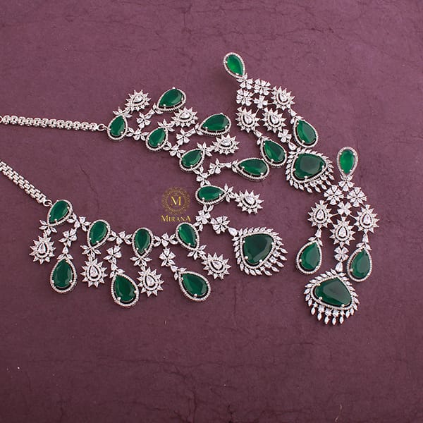 Divoya Embrald Green Drop Designer Necklace Set