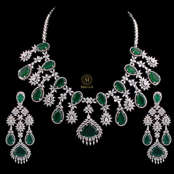 Divoya Embrald Green Drop Designer Necklace Set