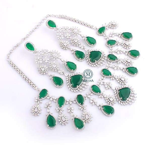 Divoya Embrald Green Drop Designer Necklace Set