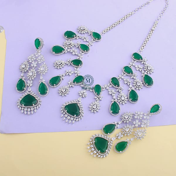 Divoya Embrald Green Drop Designer Necklace Set