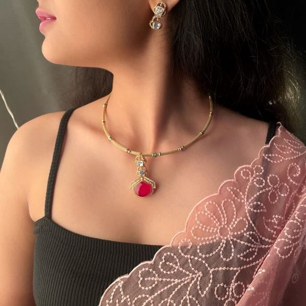 Jhanvi Ruby Husli Designer Necklace Set