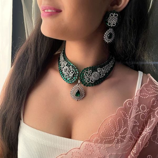 Nomi Emerald Green CZ Designer Necklace Set