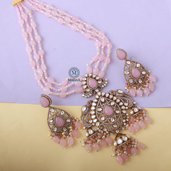 Adritya Pastel Pink Moissanite Long Necklace Set