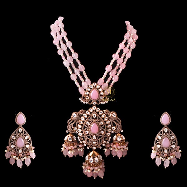 Adritya Pastel Pink Moissanite Long Necklace Set