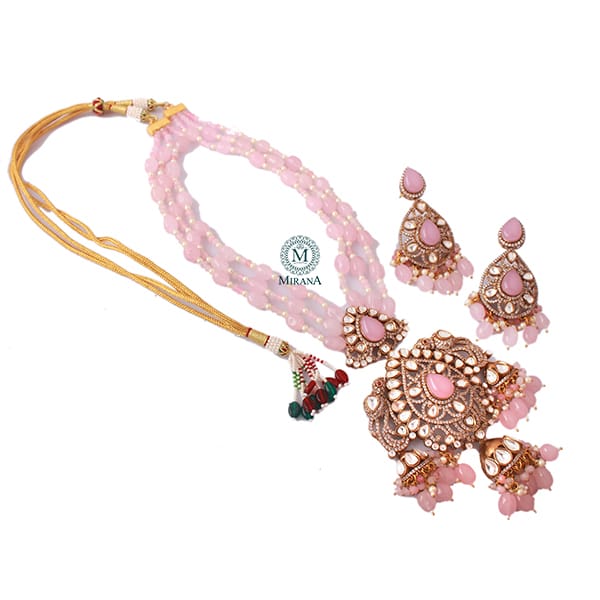 Adritya Pastel Pink Moissanite Long Necklace Set