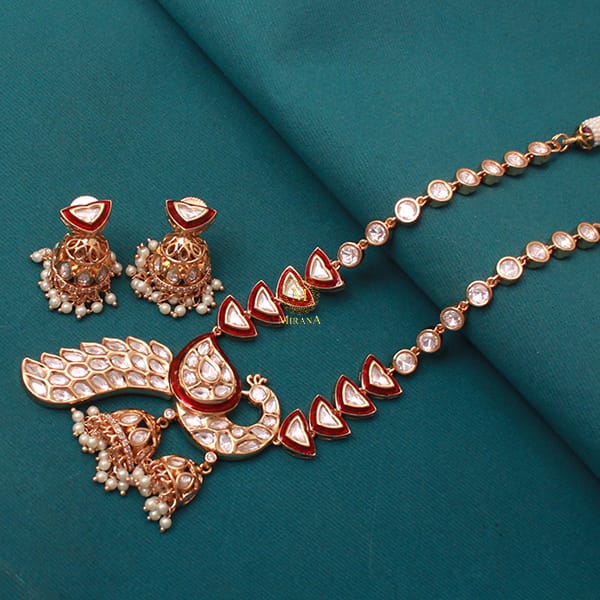 Mayurika Red Pearl Polki Designer Necklace Set