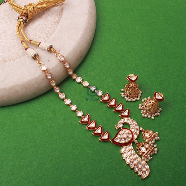 Mayurika Red Pearl Polki Designer Necklace Set