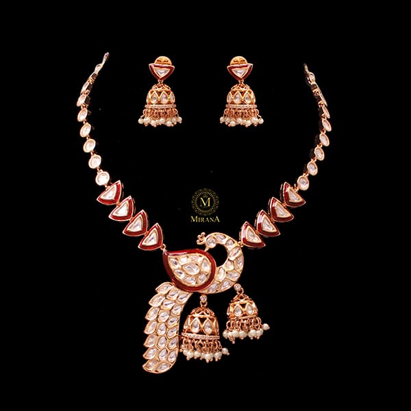 Mayurika Red Pearl Polki Designer Necklace Set