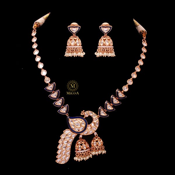 Mayurika Sapphire Blue Pearl Polki Necklace Set