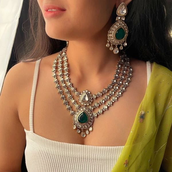 Mallika Emerald Green Layered Polki Necklace Set