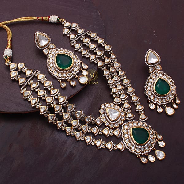 Mallika Emerald Green Layered Polki Necklace Set