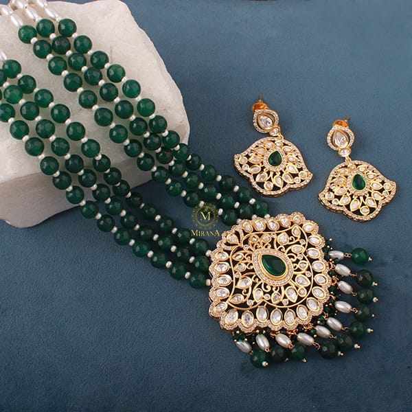 Aditi Emerald Green Pearl Polki Long Necklace Set