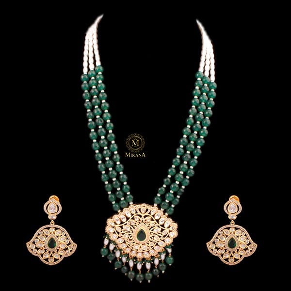 Aditi Emerald Green Pearl Polki Long Necklace Set