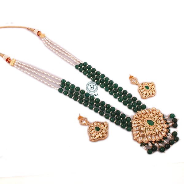 Aditi Emerald Green Pearl Polki Long Necklace Set