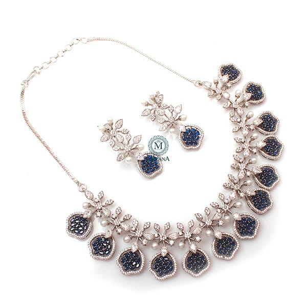 Jaylie Sapphire Blue Pearl Designer Necklace Set