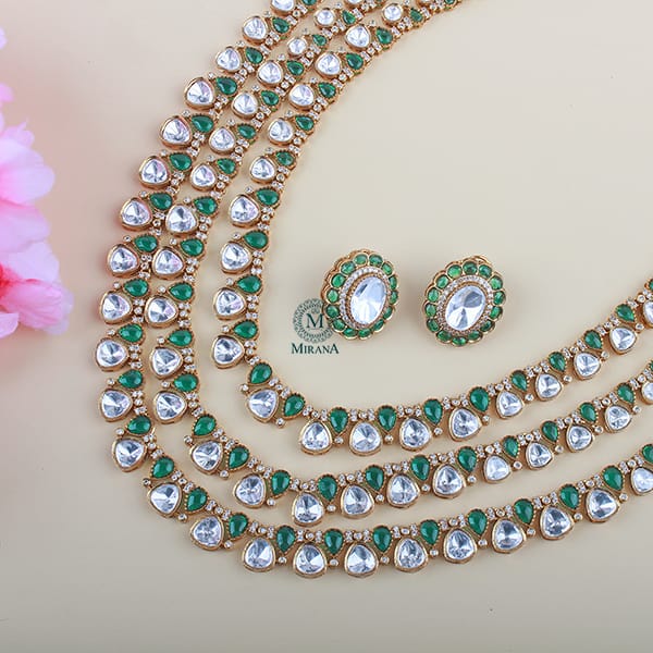 Mehruli Emerald Green Layered Polki Necklace Set