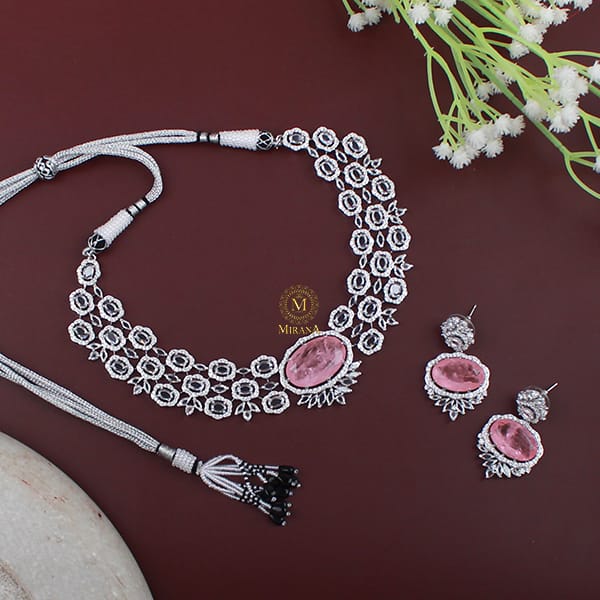 Nomi Pastel Pink CZ Designer Necklace Set