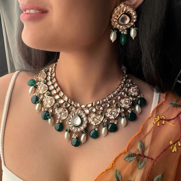 Harisha Emerald Green Polki Designer Necklace Set