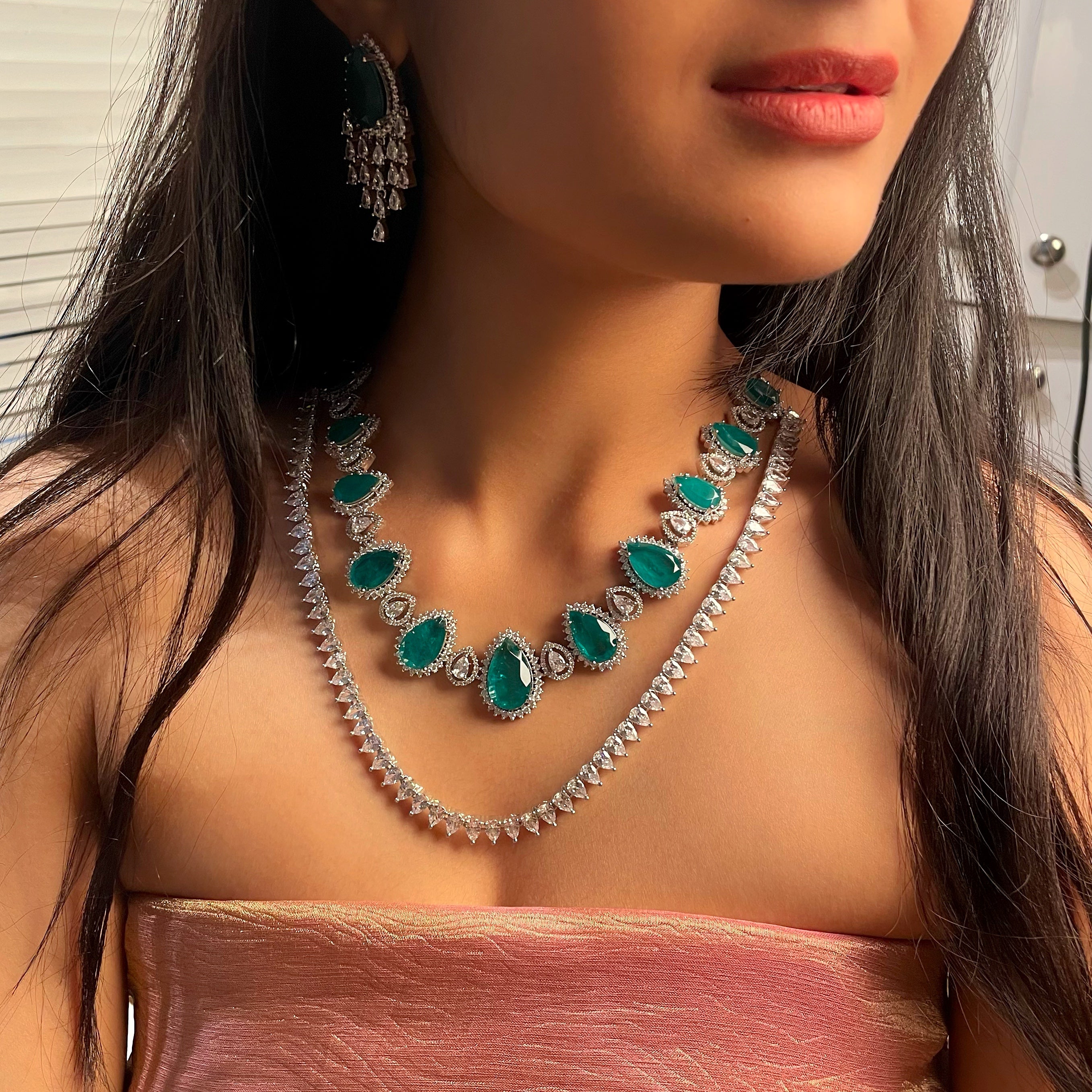 Eilish Emerald Green Double Layered Necklace Set