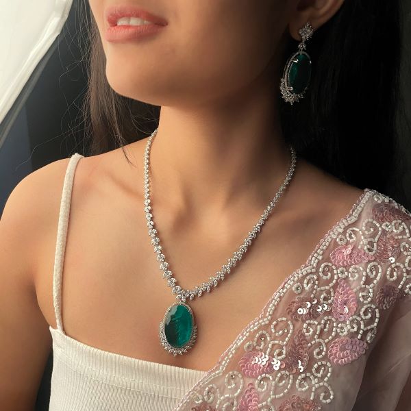 Alovi Emerald Green CZ Designer Necklace Set