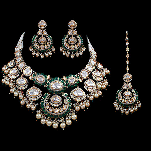 Bidaai Emerald Green Pearl Polki Necklace Set