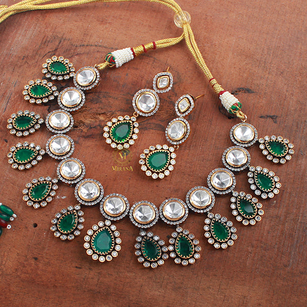 Mishika Emerald Green Polki Necklace Set