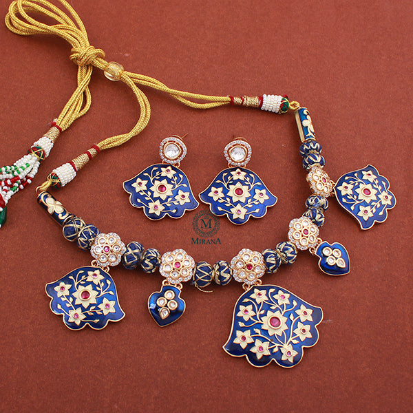 Priyanshi Sapphire Blue Meenakari Polki Necklace Set