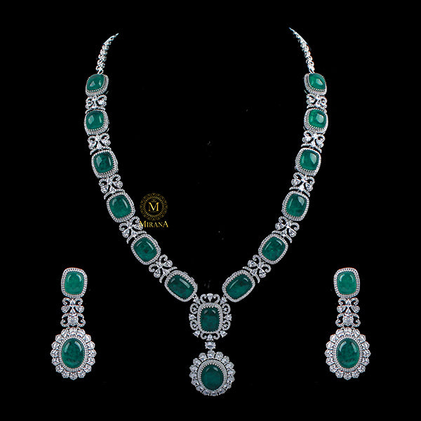 Coral Emerald Green Designer Long Necklace Set