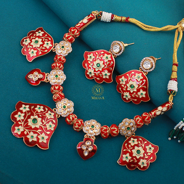 Priyanshi Red Meenakari Polki Necklace Set