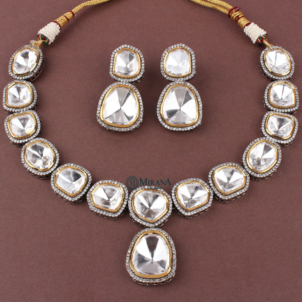 Black Plated Single Line Uncut Polki Necklace Set