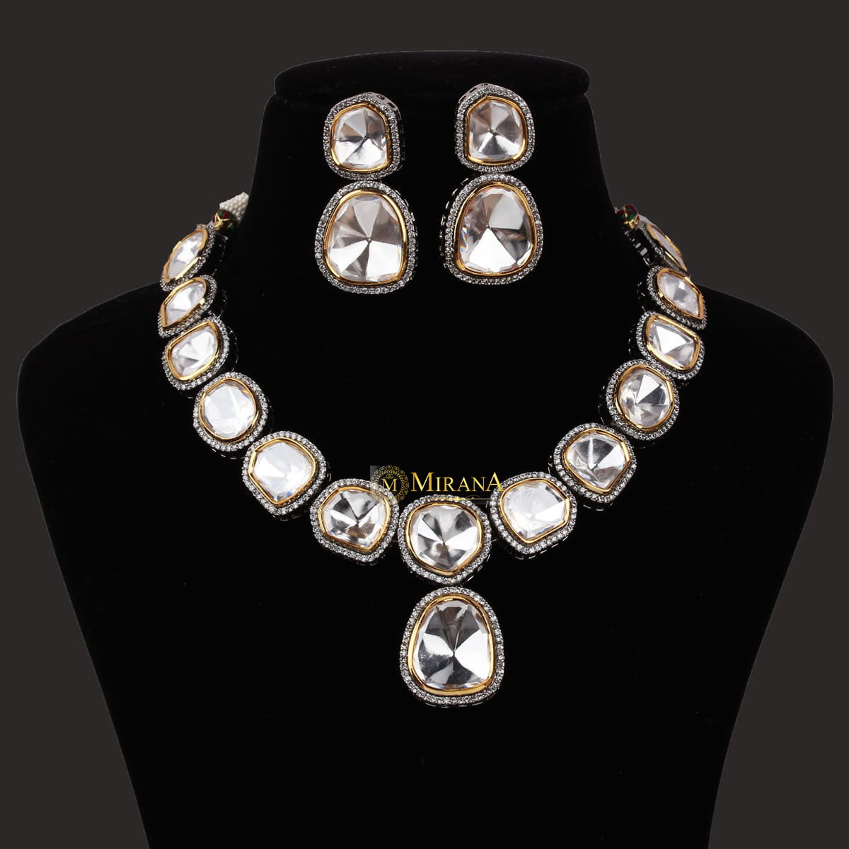 Black Plated Single Line Uncut Polki Necklace Set