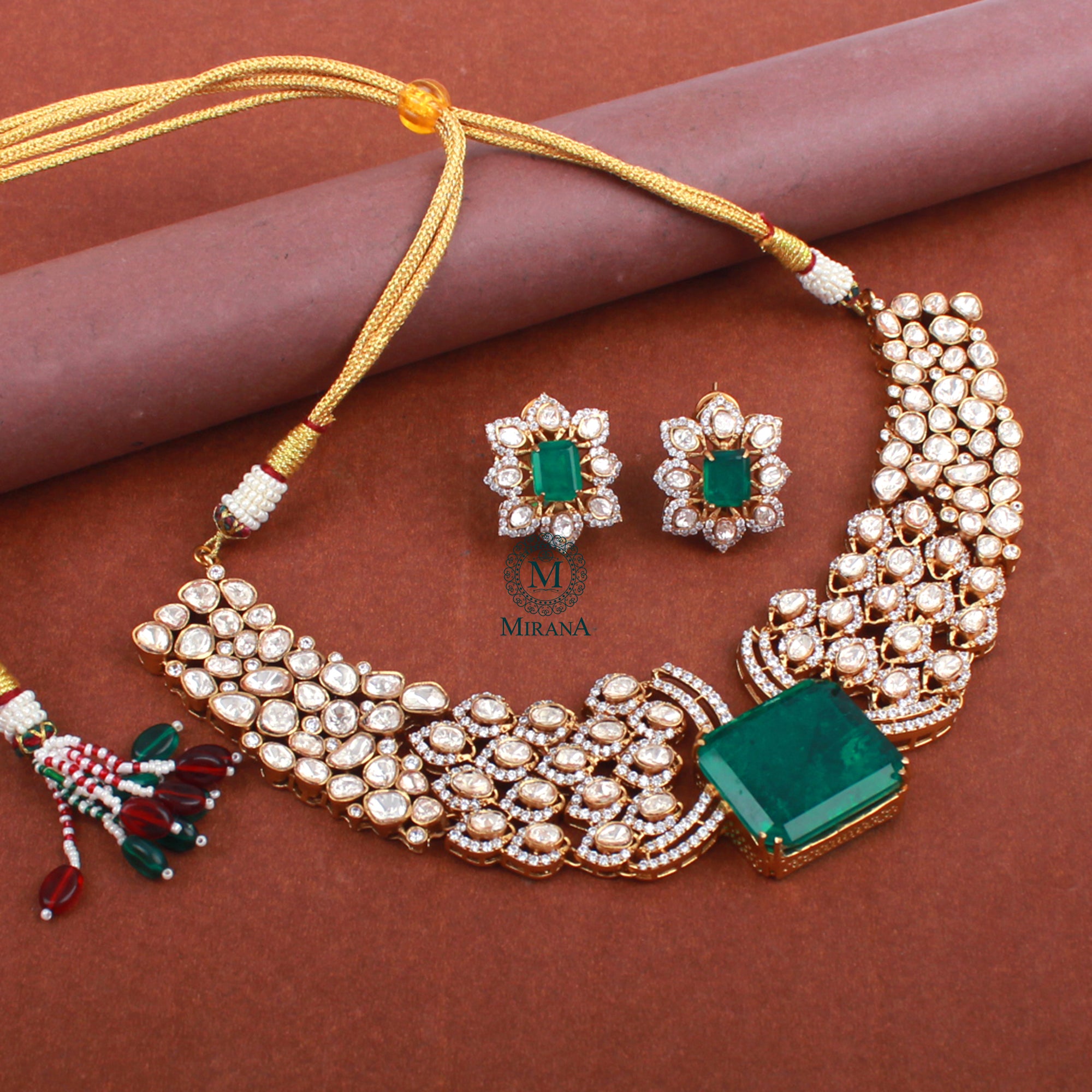 Pankuri Emerald Green Moissanite Necklace Set