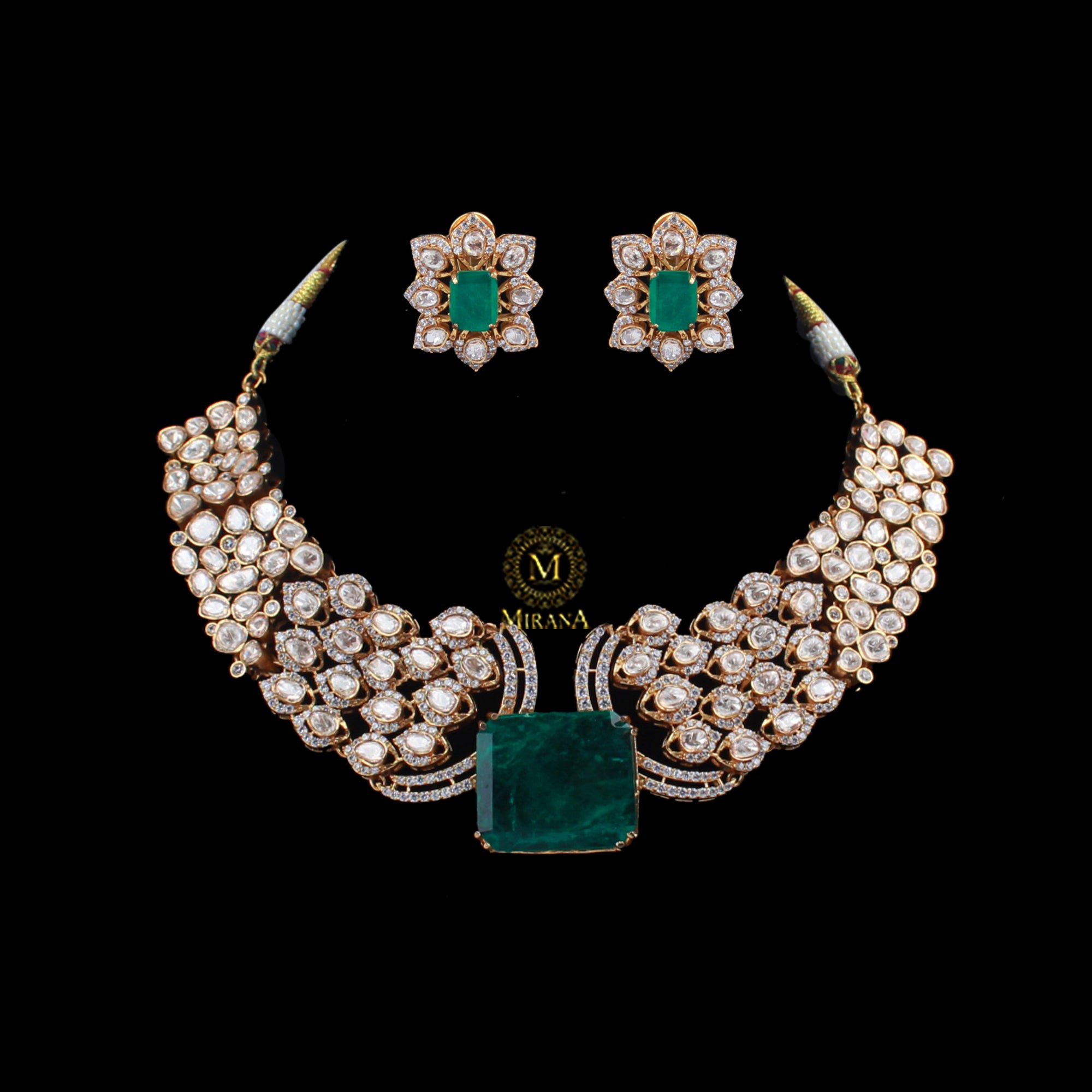 Pankuri Emerald Green Moissanite Necklace Set