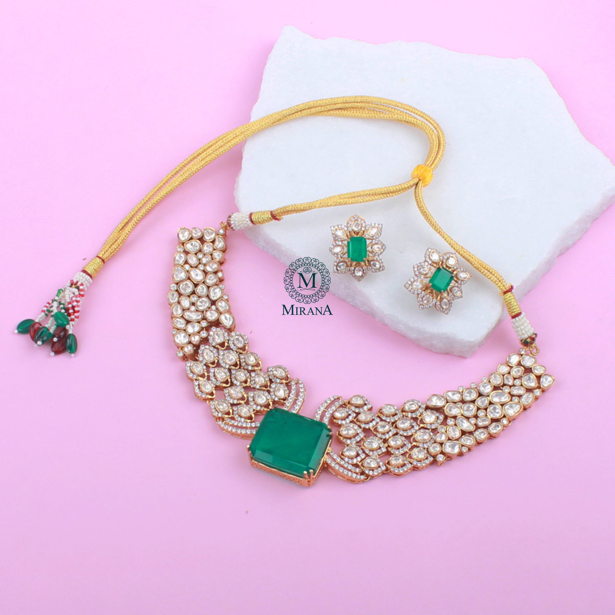 Pankuri Emerald Green Moissanite Necklace Set