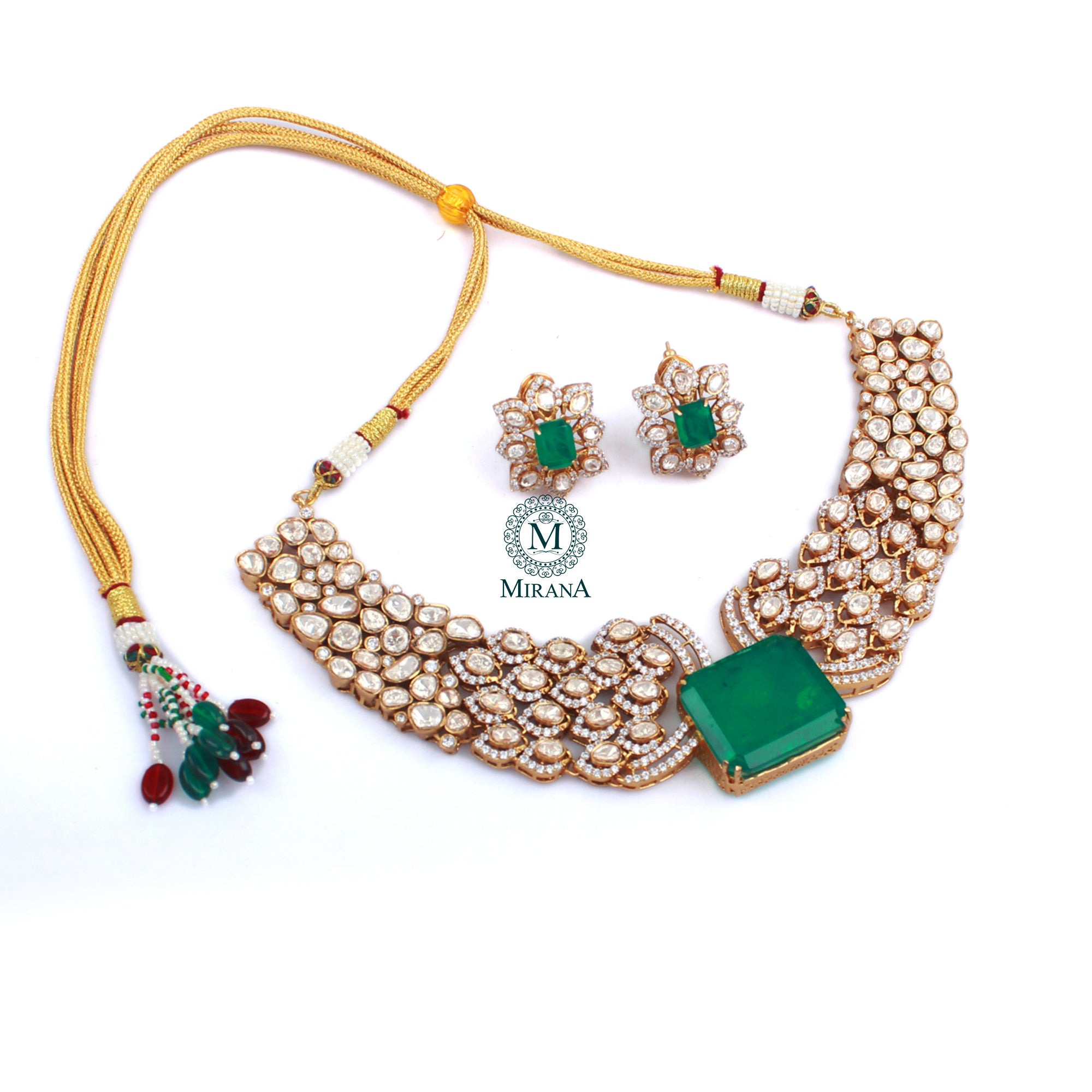 Pankuri Emerald Green Moissanite Necklace Set