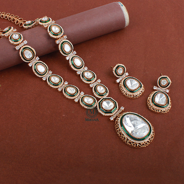 Jasmira Emerald Green Polki Long Necklace Set