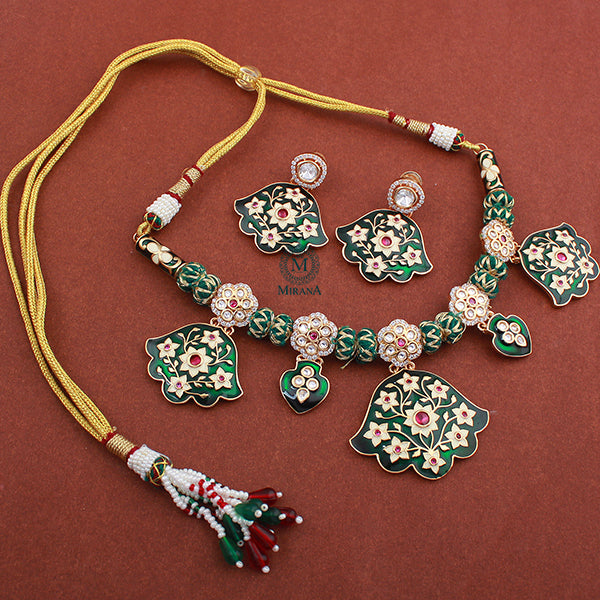 Priyanshi Emerald Green Meenakari Polki Necklace Set