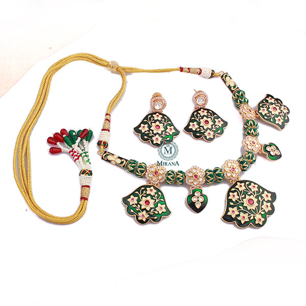 Priyanshi Emerald Green Meenakari Polki Necklace Set