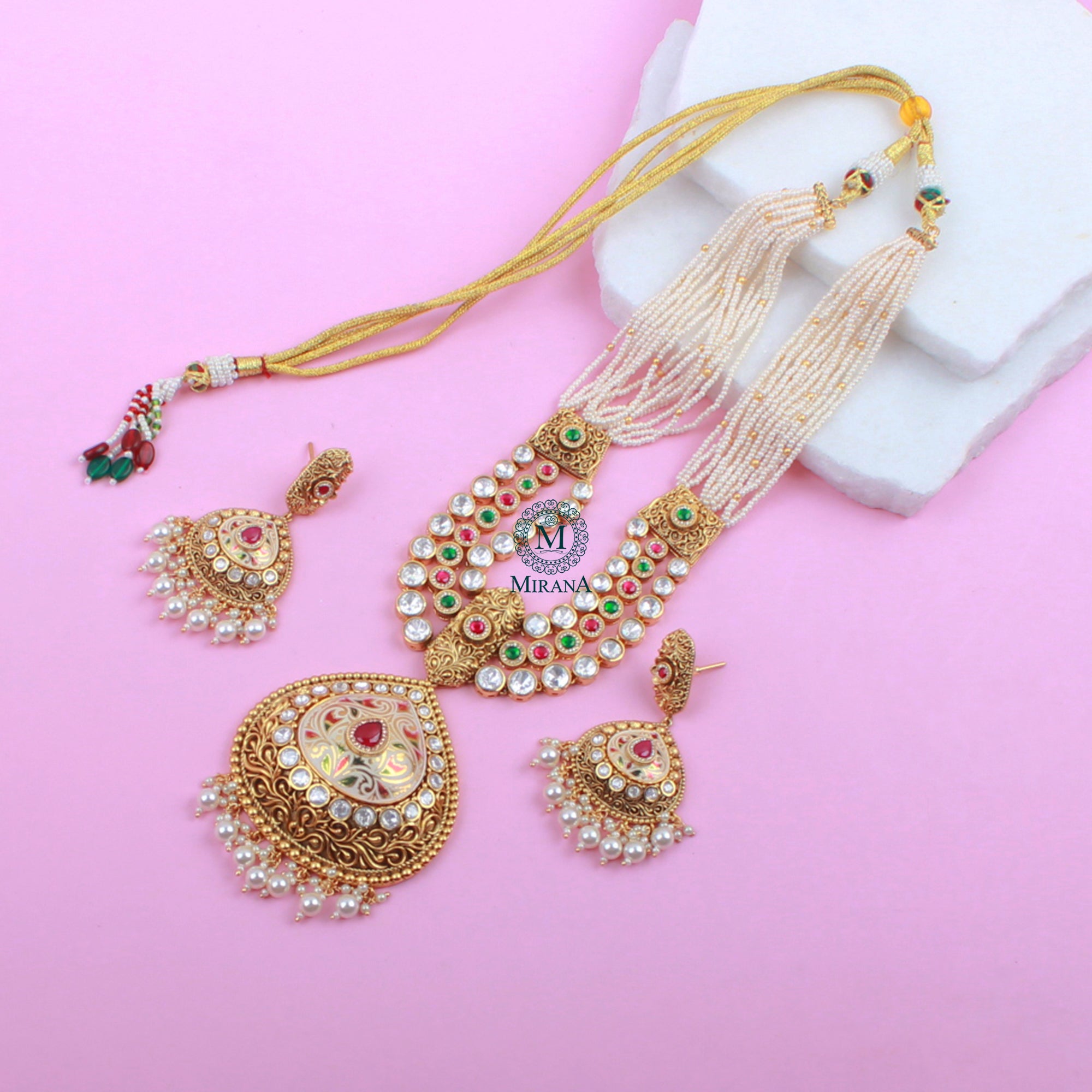 Manika Pearl Meenakari Long Necklace Set