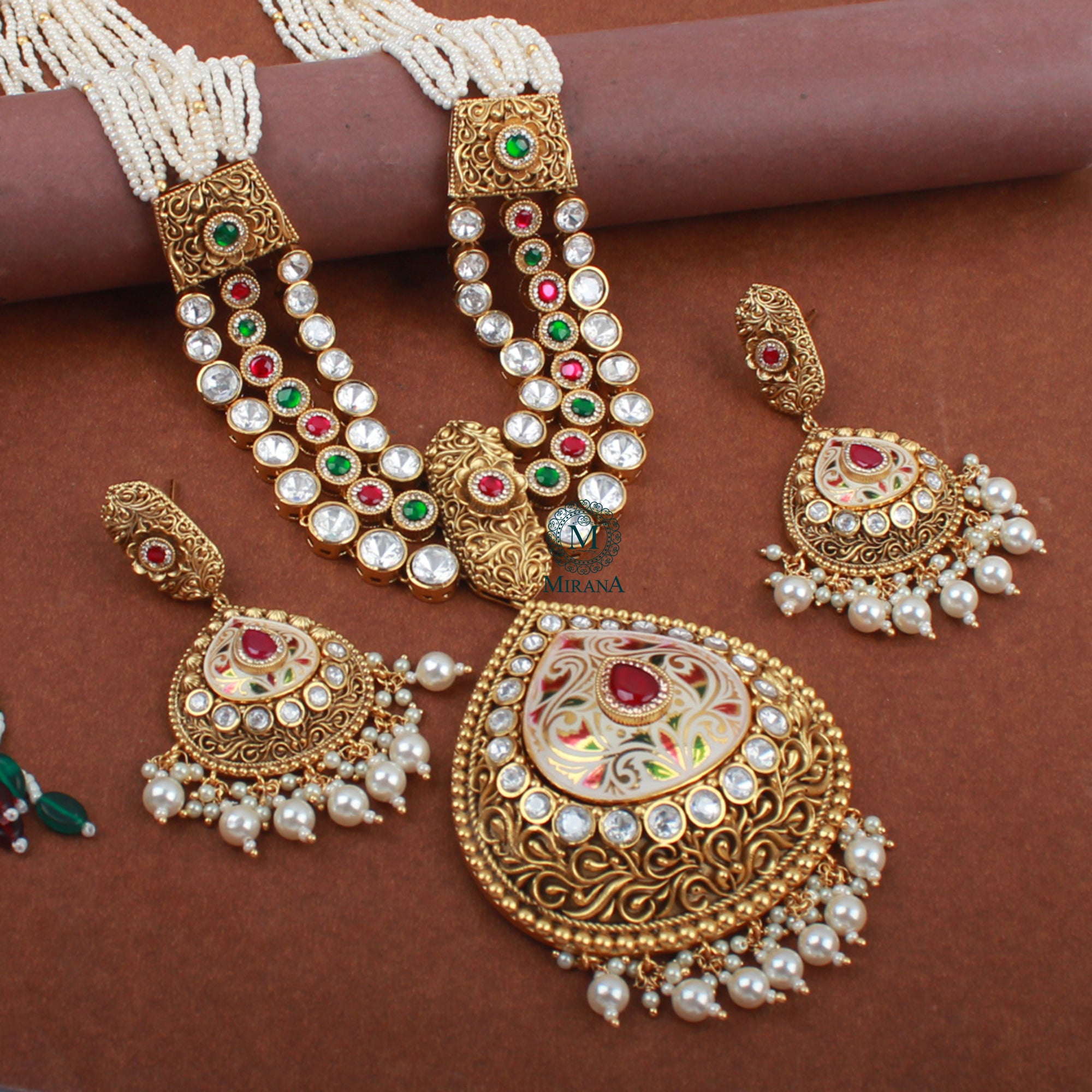 Manika Pearl Meenakari Long Necklace Set