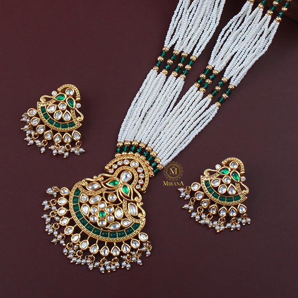 Anvi Emerald Green Polki Long Necklace Set